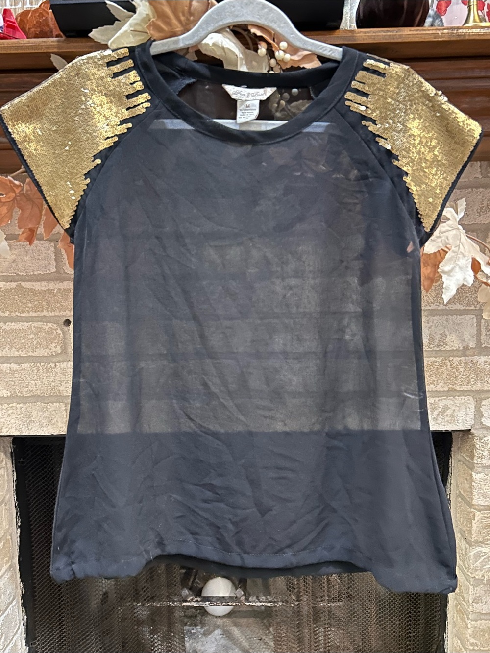 Fun & Flirt Black Sheer Top with Gold Sequin Shoulders EUC